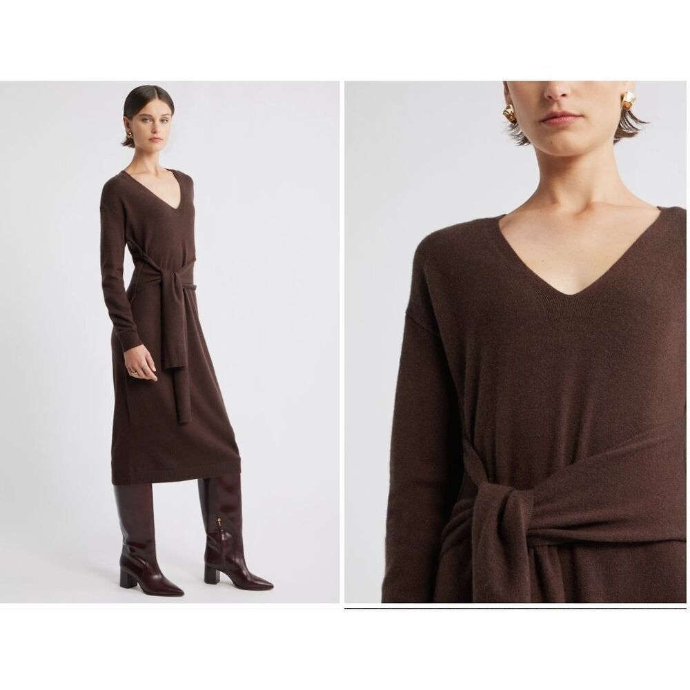 New Nordstrom Long Sleeve Wool & Cashmere Blend Sweater Dress in Brown Sz Large